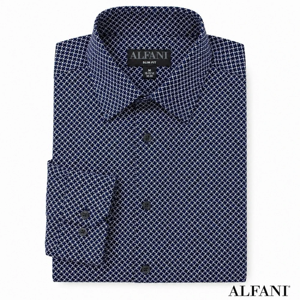Alfani Slim Fit Men's Medium 15-15.5 32/33 Navy White Geometric Dress Shirt